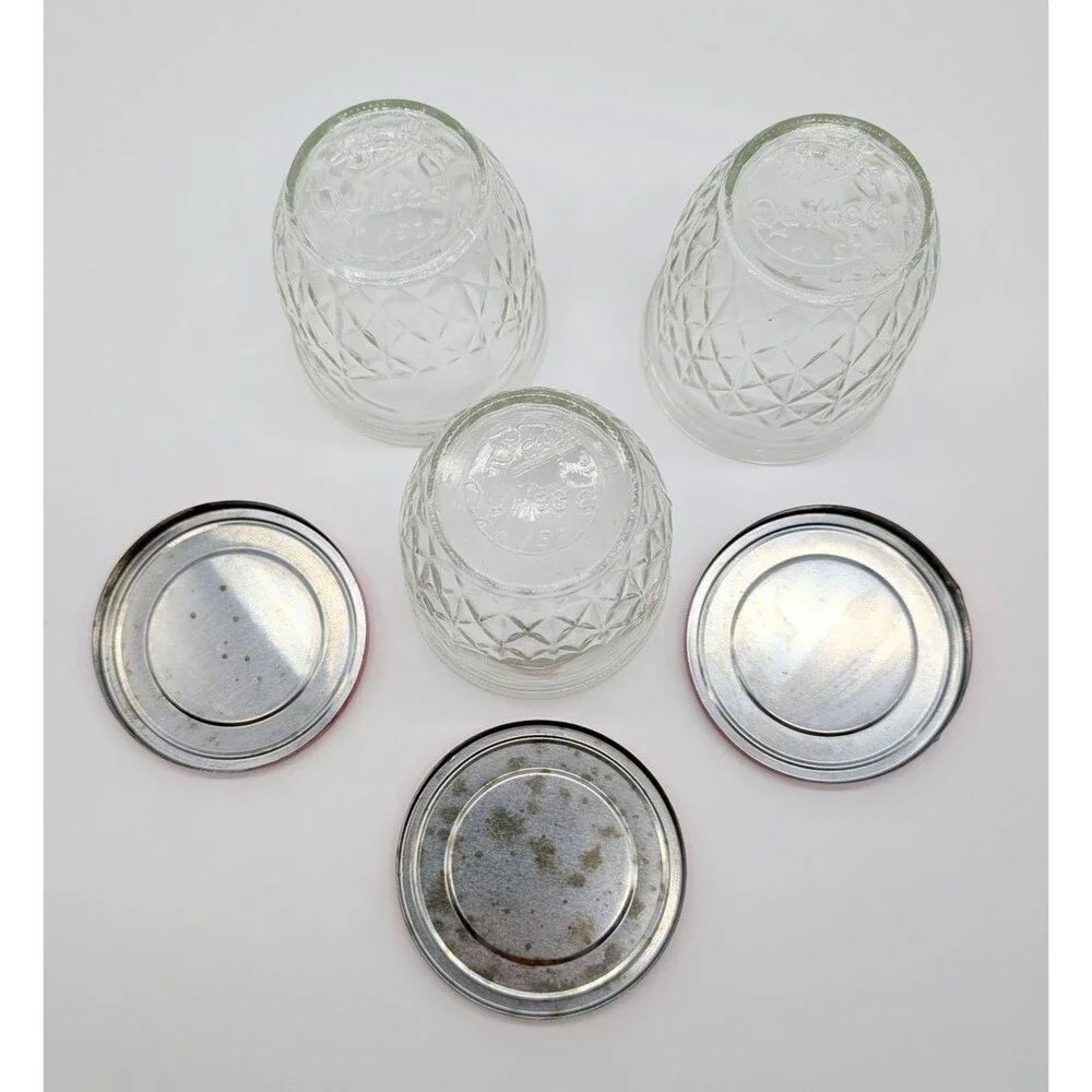 3 BALL Quilted Crystal Glass Jars W/Tin Snap-On Lid Pink Flower MOD Retro